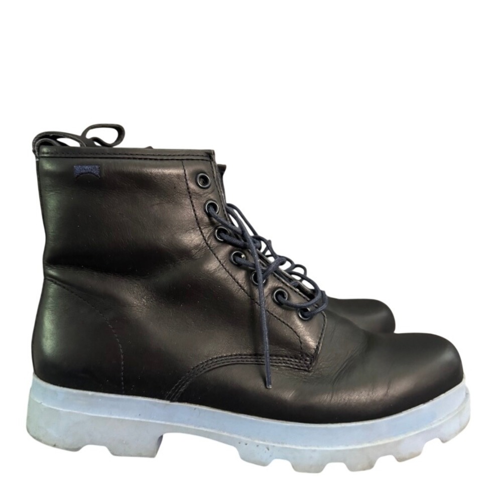 Camper Walden Black Leather Lace Up Ankle Boots Blue Lug Sole Mens 41 / Women 11